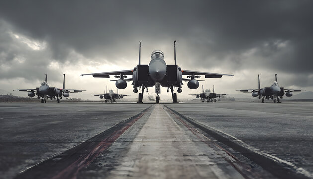 A group of fighter jets sitting on top of a tarmac. Can be used to depict military aircraft, air force, aviation, or defense.