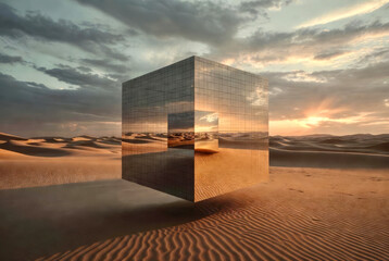 Fototapeta premium Modern cube reflection in desert landscape during sunset with clouds in the background and sand dunes around it