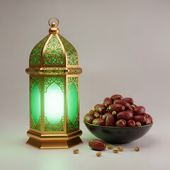 Ramadan Lantern and Dates: An artistic still life arrangement featuring a beautifully crafted lantern illuminated with a soft green glow, complemented by a bowl of ripe dates.