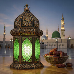 Ramadan Lantern and Dates: A serene evening scene in the holy city, a beautifully crafted lantern glows with inner light, accompanied by a bowl of dates. Capturing the spirit of a holy month.