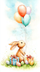 Obraz premium A bunny is sitting on green grass with colorful Easter eggs around it. A small present is nearby. Balloons float in the air, adding to the festive mood of the holiday