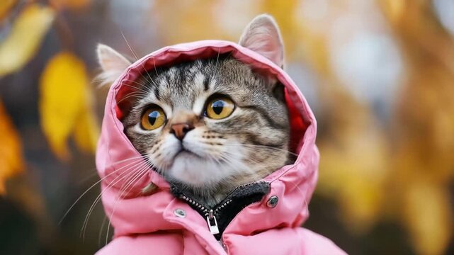 Cat in pink jacket looks up at autumn leaves in park during chilly afternoon