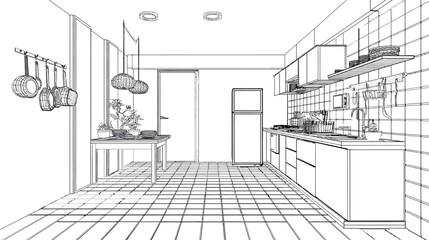 Modern kitchen interior design blueprint sketch. Architectural line drawing perspective of contemporary home apartment dining area.