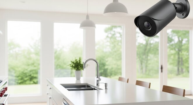 Modern kitchen with security camera and sleek white decor