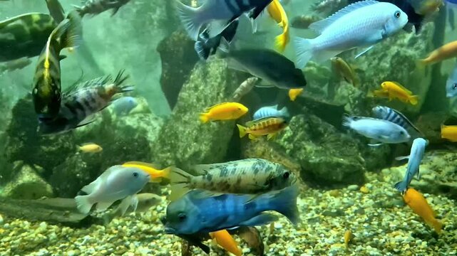 Bustling community of colorful African Cichlids swimming over a gravel bottom in a rocky aquarium, featuring yellow, blue, and spotted varieties