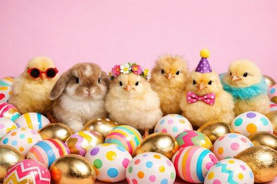 D&eacute;coration th&eacute;matique pour c&eacute;l&eacute;brations de P&acirc;ques.Sc&egrave;ne imaginaire d'animaux f&ecirc;tant P&acirc;ques