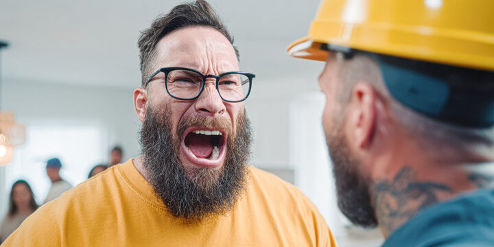 A bearded man with glasses yells angrily at another man wearing a yellow construction helmet, suggesting a heated argument or confrontation.