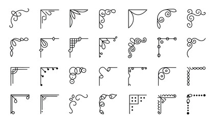 Corner Doodle Set with Line Swirls and Wavy Flourishes, Retro Wedding Invitation Borders, Hand Drawn Card Edging Design, Minimal Ornamental Dividers, Isolated Vector Collection