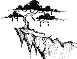 Obraz premium abstract black ink tree with drops on cliff edge surreal nature landscape sketch monochrome fantasy art