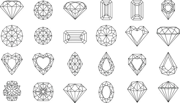 Black diamond and gemstone outline vector set with various jewelry cuts heart pear emerald and round shapes isolated on white background for design