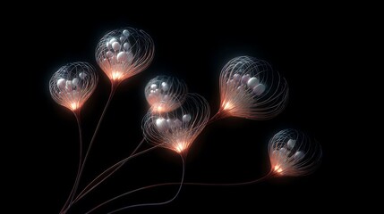 Glowing light bulbs blooming on dark branches with water droplet texture soft bokeh background