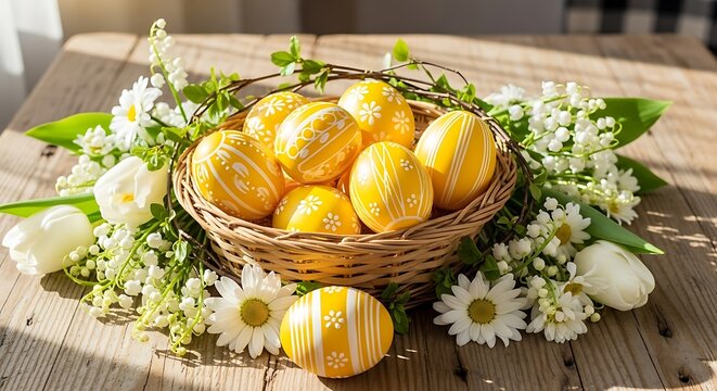 Easter eggs in a woven basket surrounded by spring florals