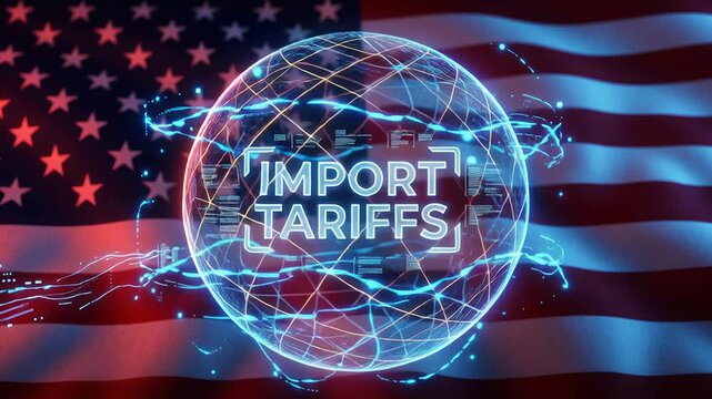 Digital global trade policy negotiation impacts import tariff regulation, global network with flag and globe symbolizing international commerce economic strategy dynamics