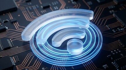 Fototapeta premium Blue glowing Wi-Fi symbol on a computer circuit board background internet connection