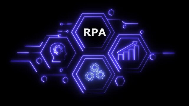 RPA robotic process automation futuristic technology hexagon network digital transformation AI innovation glowing neon blue cyber