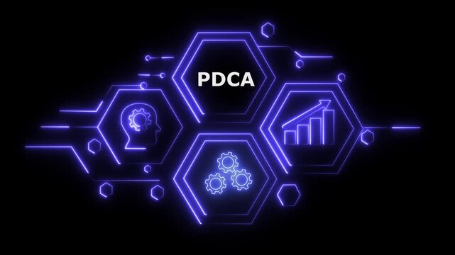 PDCA cycle neon hexagon flowchart business process improvement digital transformation glowing blue futuristic technology concept