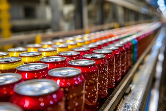 A conveyor belt carries rows of colorful cans in a beverage factory. The cans are lined up and ready for packing. This scene shows the production process of soft drinks