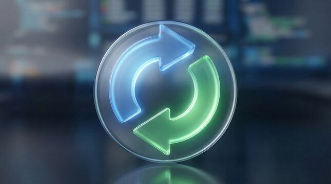 Glowing blue and green arrows in a circular refresh symbol on a glassy surface