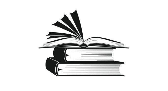 Black and white silhouette icon of an open book resting on top of a stack of two closed books in a classic, stylized design.