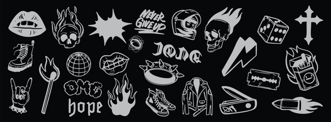 Rock and punk doodle icon set on black background. Hand drawn skull, flame, lightning, heart, and gesture symbols for music branding. Bold monochrome clipart collection for posters, apparel, stickers,