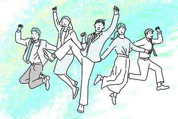 スタートアップのイメージイラストージャンプするビジネスパーソンーカジュアル服ー抽象的背景イラスト素材