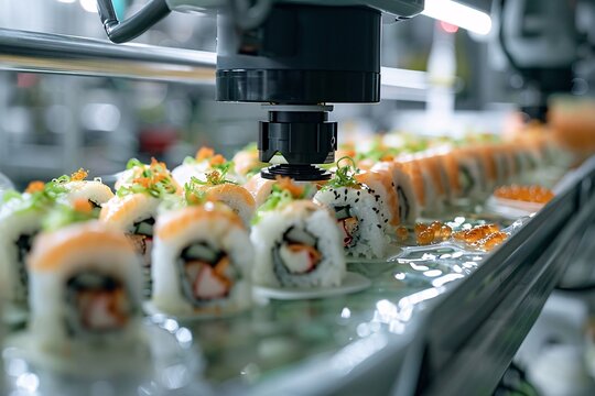 Machines assemble sushi rolls on a conveyor belt in a factory. The scene shows various types of sushi being prepared with care. Workers monitor the process as it moves along the line