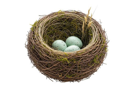 Delicate bird's nest made of fine twigs and moss, containing three tiny speckled eggs in soft blue-green, isolated on white.