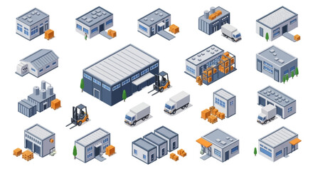 Fototapeta premium Collection of Isometric Industrial Buildings and Vehicles for Logistics and Warehouse Operations