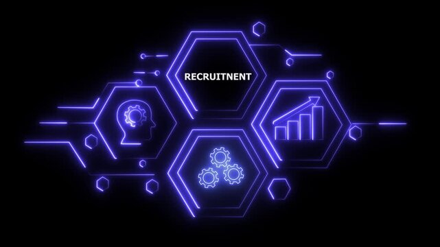 Futuristic recruitment network concept with glowing hexagons and human icons in blue neon cyber space