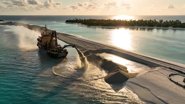 Drone footage of a dredging ship in the Maldives creating land mass to combat rising sea levels at sunset