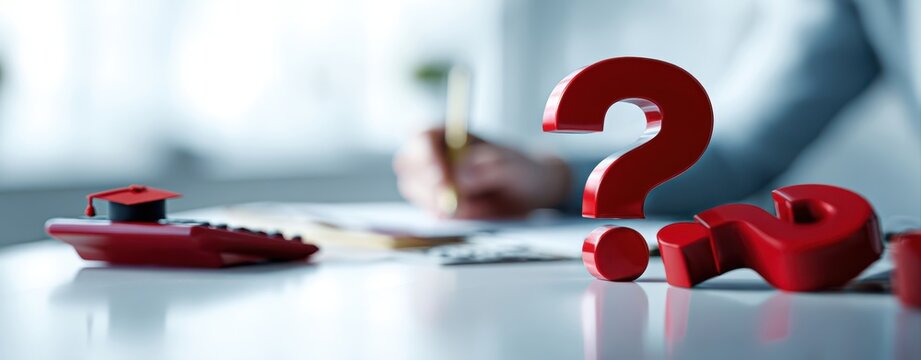 The Question Mark Symbolizing Financial Education Uncertainty with Calculator and Graduate Cap