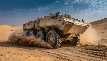 Armored military vehicle 8x8 wheeled BTR driving offroad in sand desert