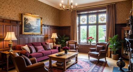 Naklejka premium A formal living room with classic furniture, stained glass, and detailed wall paneling