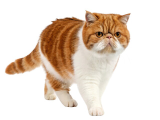 Fototapeta premium Grumpy orange and white exotic shorthair cat walking. This cute isolated feline pet has very serious expression on its flat face while looking forward