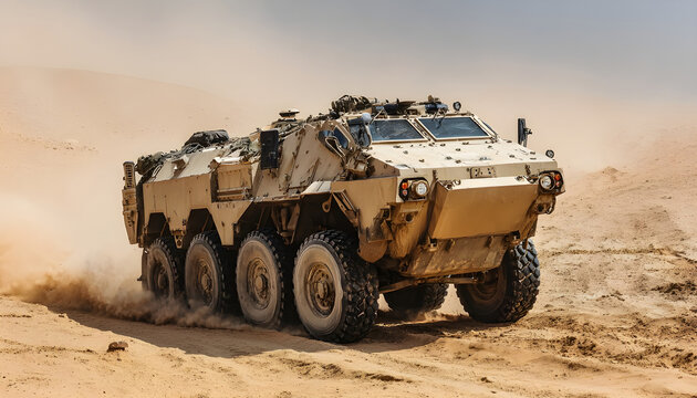Armored military vehicle 8x8 wheeled BTR driving offroad in sand desert