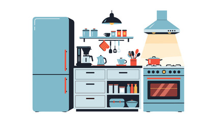 Obraz premium Fully equipped modern kitchen interior with blue cabinets, refrigerator, stove, coffee maker, and various utensils on shelves.