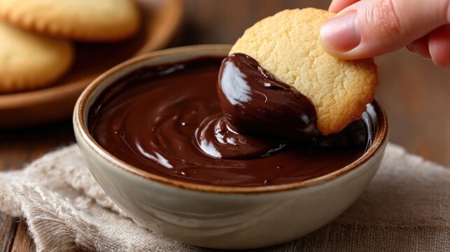 A close-up of a hand dipping a warm, perfectly shaped sugar cookie into a bowl of thick, shiny chocolate ganache,
