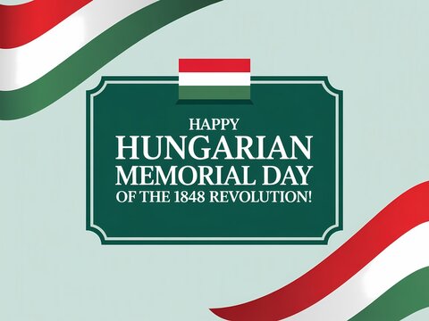 Hungarian memorial day of the 1848 revolution celebration with green plaque and hungarian flag waves on light green background