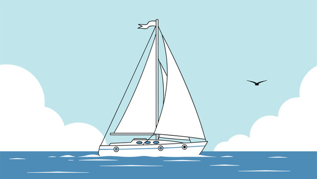 White sailboat with tall sails moving across blue ocean waters with clouds and a distant bird under a clear sky.