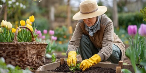 Senior woman kneels on the grass planting seedlings into a raised garden bed. She wears a sun hat and yellow gloves, with a wicker basket and blooming tulips nearby.