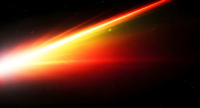 Bright red and yellow comet or meteor streaking across dark starry space background with lens flare effect