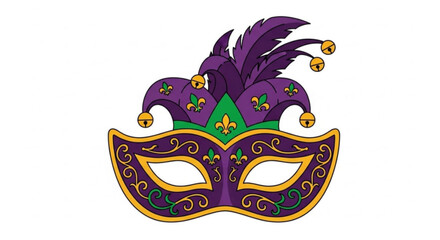 Vibrant purple mardi gras mask with gold accents and feathers on white background for festive celebrations
