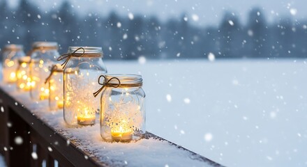 Candlelit Jars in Winter Snowfall - A Cozy Scene.