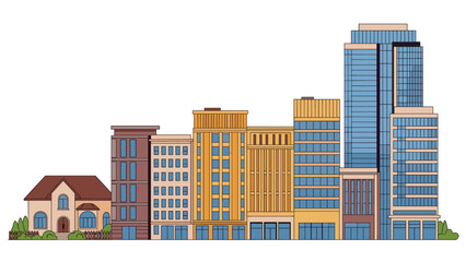 Fototapeta premium Diverse city skyline displays a row of buildings ranging from a small residential house to modern glass skyscrapers against a white backdrop.