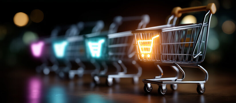 High tech ecommerce background featuring colorful neon online shopping icons, virtual retail environment, internet marketplace ecosystem, digital transformation, smart business ana