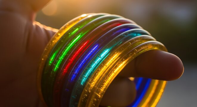 Vibrant multicolored bangles on a person's arm in bright light