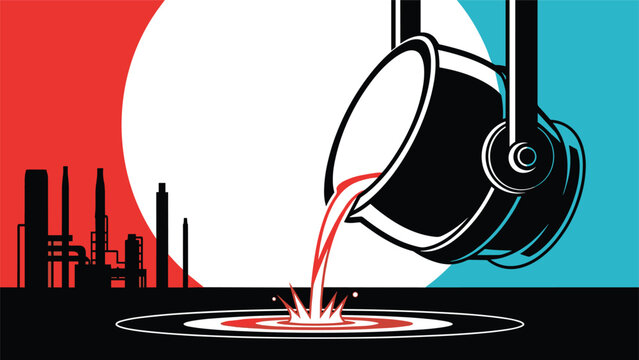 Molten red metal is poured from a large foundry ladle into a mold with industrial factory silhouettes against a bright circular sun.