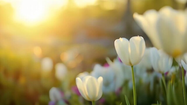Soft-focus white tulips bathed in golden sunlight
