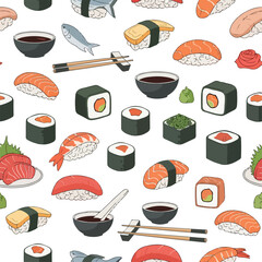 Sushi and Sashimi Pattern with Chopsticks. © Luki