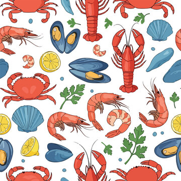 Seafood Pattern Featuring Crabs and Shrimps.